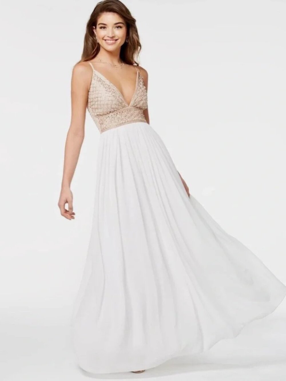 Speechless White and Nude Sparkle Full-Length Strapless Dress